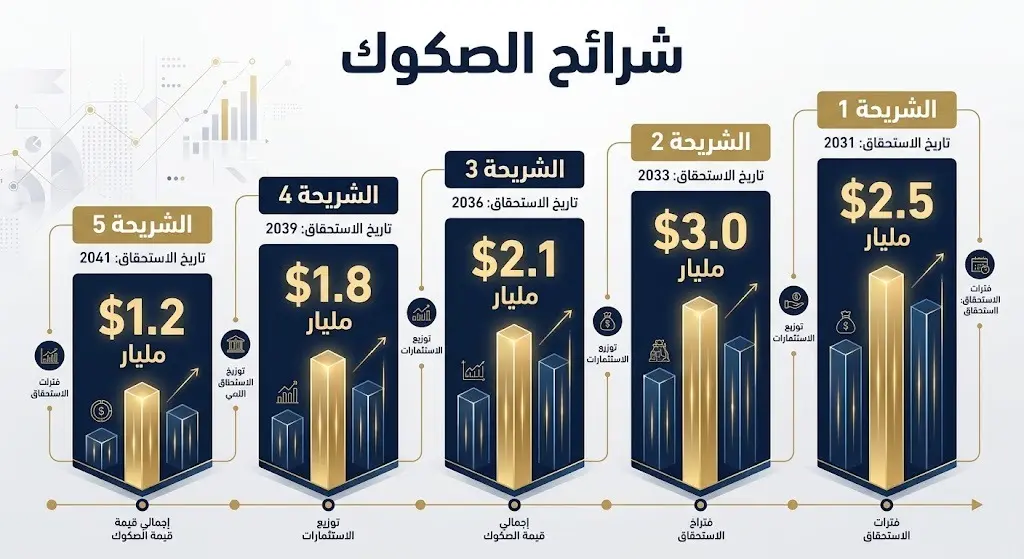 إنفوجرافيك تفصيلي يوضح تقسيم شرائح الإصدار المحلي لصكوك حكومة المملكة وحجم التخصيص المالي لكل فترة استحقاق من 2031 حتى 2041.