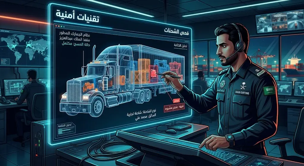 ضابط جمارك سعودي يستخدم شاشات إلكترونية متطورة لفحص الشاحنات بالأشعة في غرفة تحكم حديثة.
