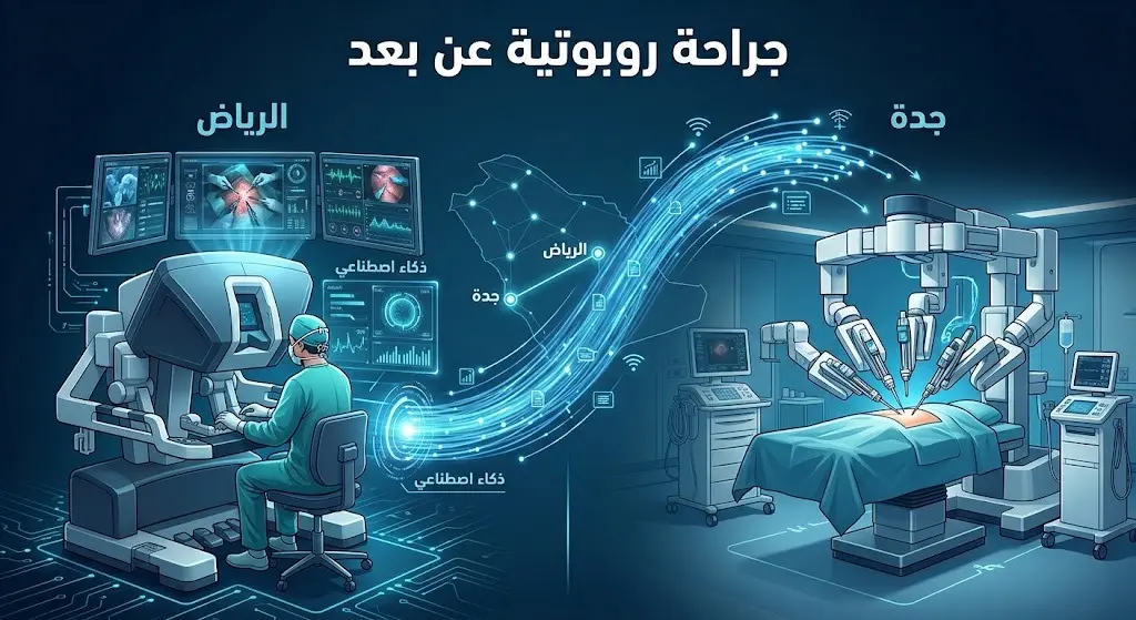 إنفوجرافيك يوضح تقنية الجراحة الروبوتية عن بعد التي تربط بين مدينتي الرياض وجدة باستخدام الذكاء الاصطناعي.
