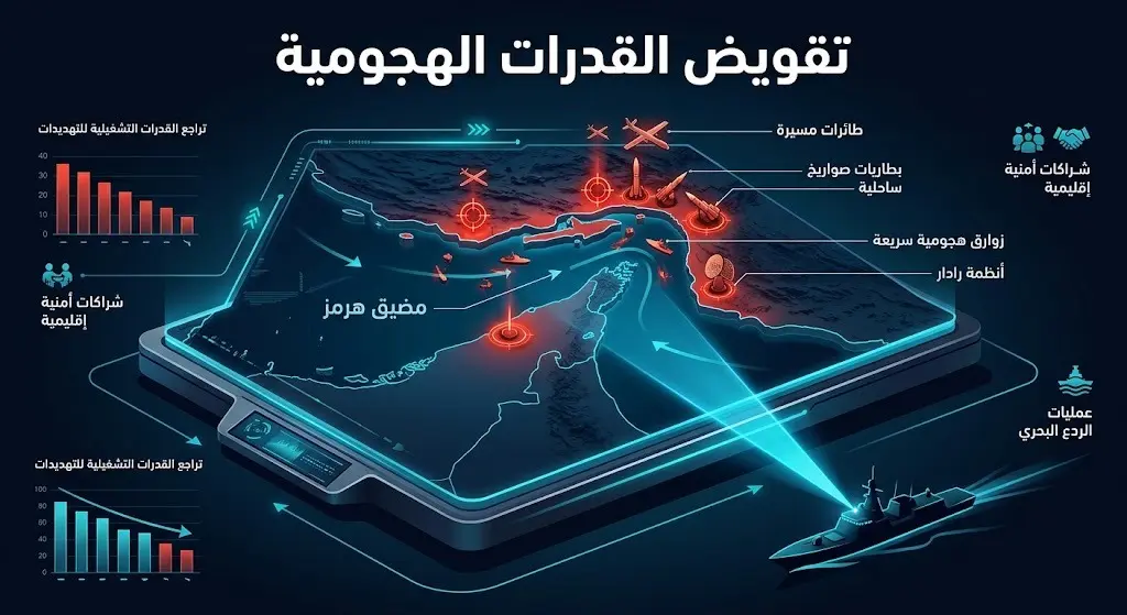 إنفوجرافيك تعبيري ثلاثي الأبعاد يعرض خريطة لمضيق هرمز مع مؤشرات لاستهداف وتدمير القدرات العسكرية الهجومية.