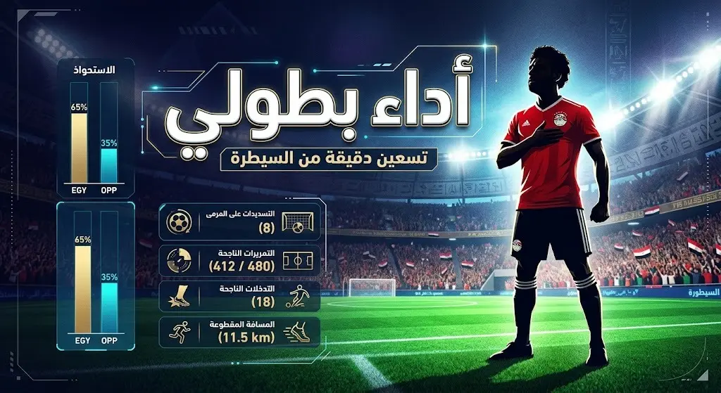 صورة تعبيرية تظهر لاعب كرة قدم مصري يقف بشموخ في ملعب مضاء، لتمثيل الأداء القوي والمشرف للمنتخب المصري أمام بطل العالم.