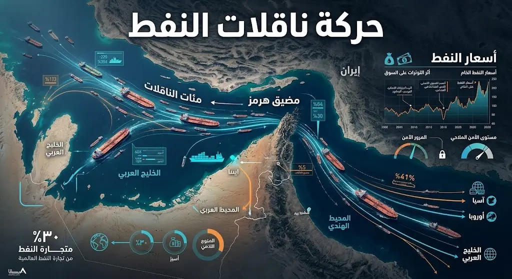 مشهد جوي ثلاثي الأبعاد لناقلات النفط تعبر مضيق هرمز مع رسومات بيانية متداخلة توضح التقييم الأمريكي للحركة الملاحية وتأثيرها على الأسواق.