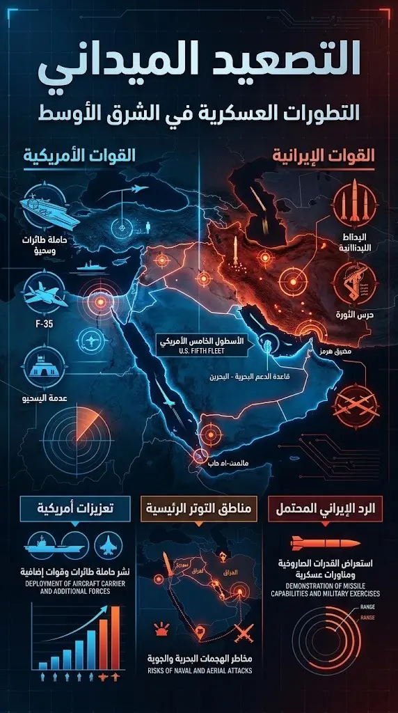 تصميم بصري يستعرض خريطة التصعيد الميداني والتهديدات العسكرية المتبادلة في المنطقة.