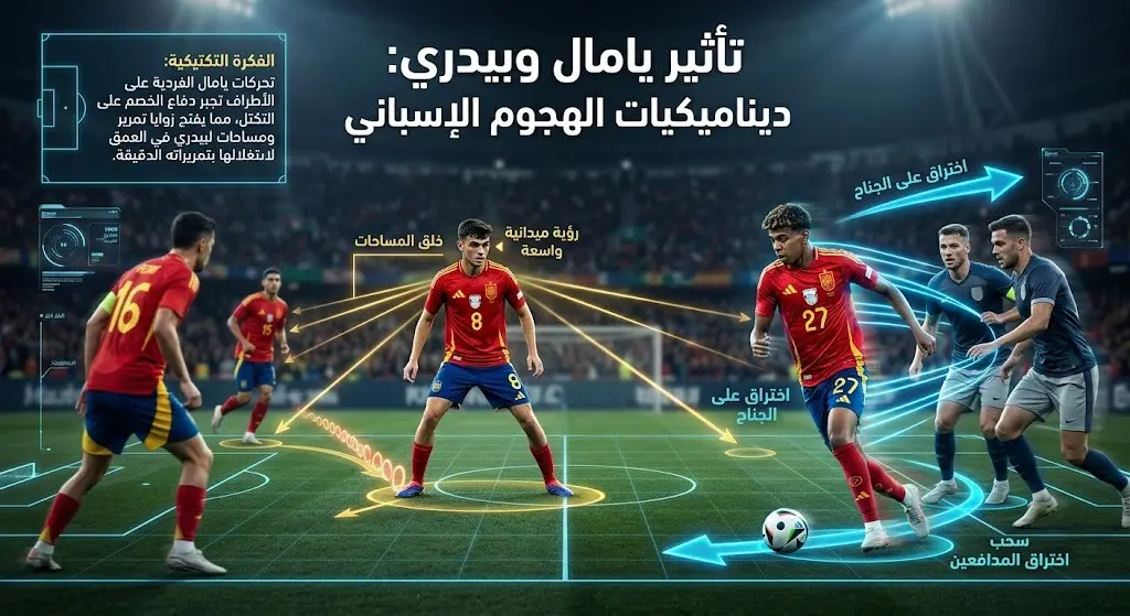 إنفوجرافيك تكتيكي يوضح تأثير لامين يامال في سحب المدافعين وخلق المساحات، ودور بيدري في صناعة اللعب لمنتخب إسبانيا.