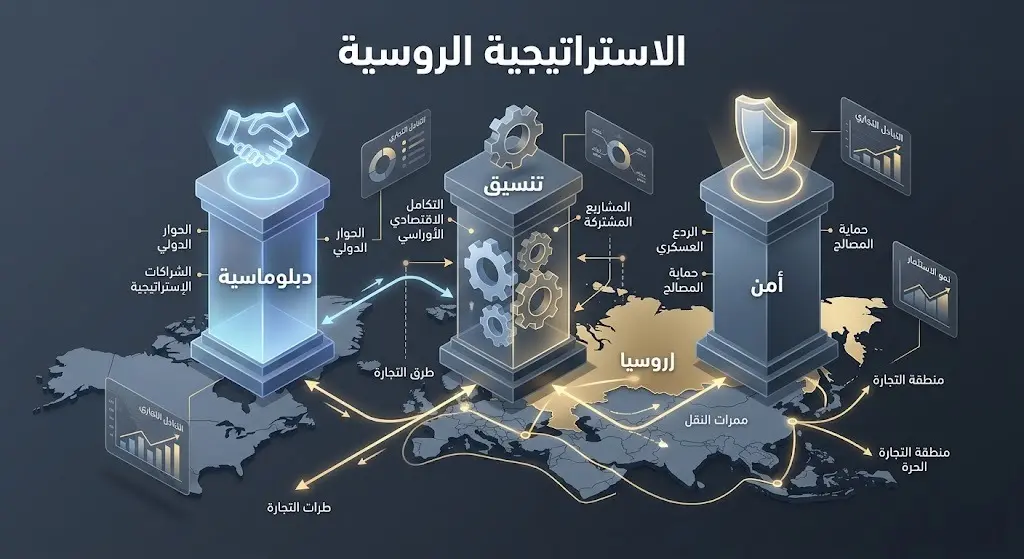 تصميم إبداعي ثلاثي الأبعاد يستعرض ركائز التنسيق الدبلوماسي والاقتصادي والأمني لروسيا في بناء التحالفات.