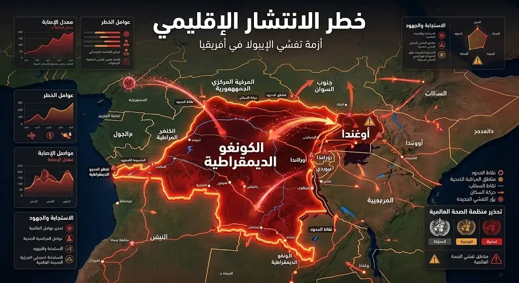 خريطة إنفوجرافيك أو تصميم مرئي يوضح التقييم المرتفع لخطر انتشار فيروس إيبولا إقليمياً من الكونغو الديمقراطية إلى أوغندا