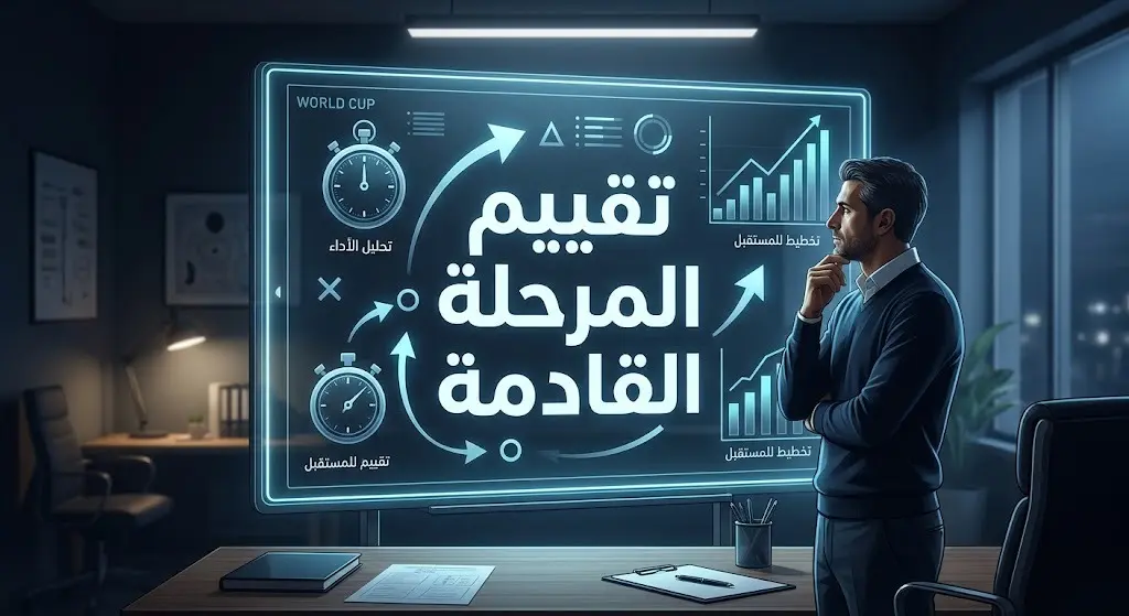 تصميم بصري درامي للوحة تكتيكية مضيئة ترمز للتخطيط وتصحيح أخطاء منتخب غانا للمرحلة القادمة.