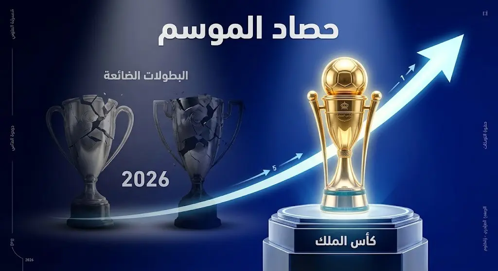 إنفوجرافيك تعبيري يجسد حصاد الهلال للموسم المنصرم، مبرزاً التتويج بكأس الملك مقابل الإخفاق في الدوري وآسيا، مع أسهم تصاعدية ترمز لطموح التعويض.