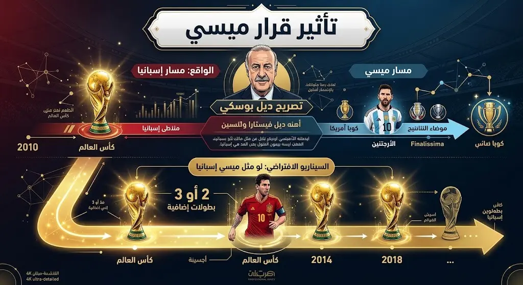 إنفوجرافيك تعبيري يوضح تصريح ديل بوسكي حول إمكانية فوز إسبانيا ببطولات كأس عالم إضافية لو انضم ميسي للمنتخب.