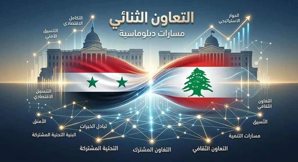 تصميم إنفوجرافيك احترافي يجسد التعاون الدبلوماسي والعلاقات الثنائية بين سوريا ولبنان عبر رموز بصرية للمؤسسات الرسمية ومسارات التنسيق.