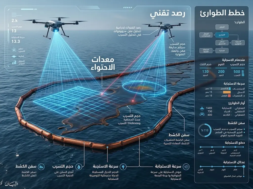 مشهد تعبيري يوضح استخدام معدات احتواء الانسكابات الزيتية وتقنيات الرصد الحديثة في تمرين استجابة 24.