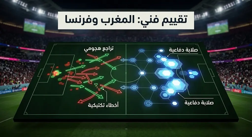 إنفوجرافيك تكتيكي يوضح التقييم الفني لمباراة المغرب وفرنسا في ربع نهائي كأس العالم 2026، مبرزاً التراجع الهجومي للمغرب والصلابة التكتيكية لفرنسا عبر إحصاءات بصرية دقيقة.