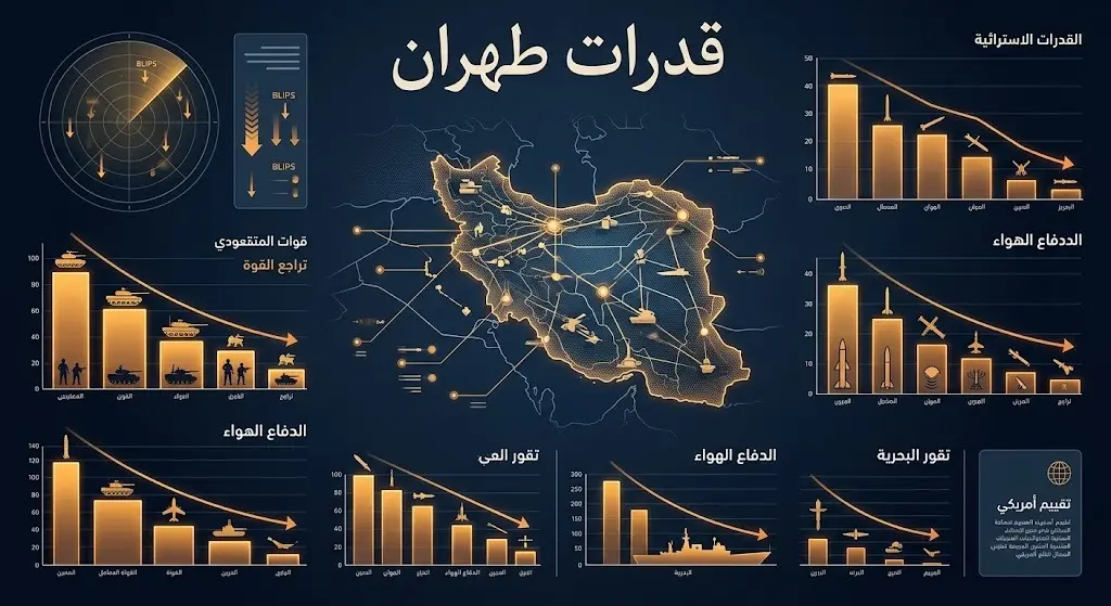 رسم بياني تحليلي يوضح تقييم الولايات المتحدة لتراجع القدرات العسكرية الإيرانية