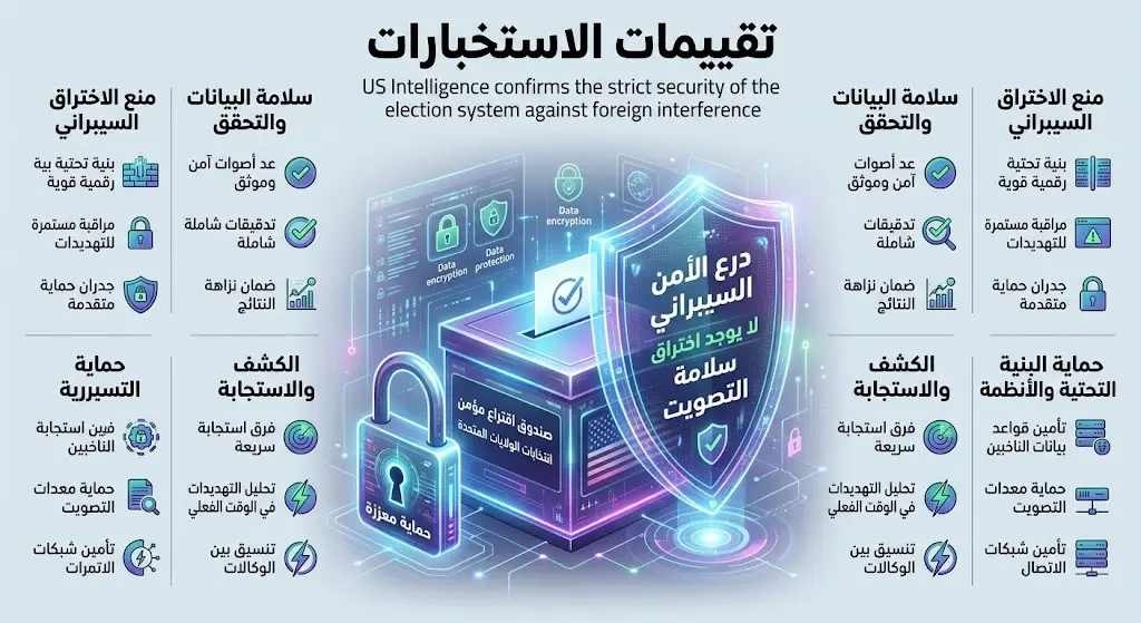 إنفوجرافيك يصور درعاً أمنياً رقمياً يحمي صندوق اقتراع، لتمثيل تقييمات الاستخبارات الأمريكية التي تنفي وجود أي اختراق تقني لعملية التصويت.