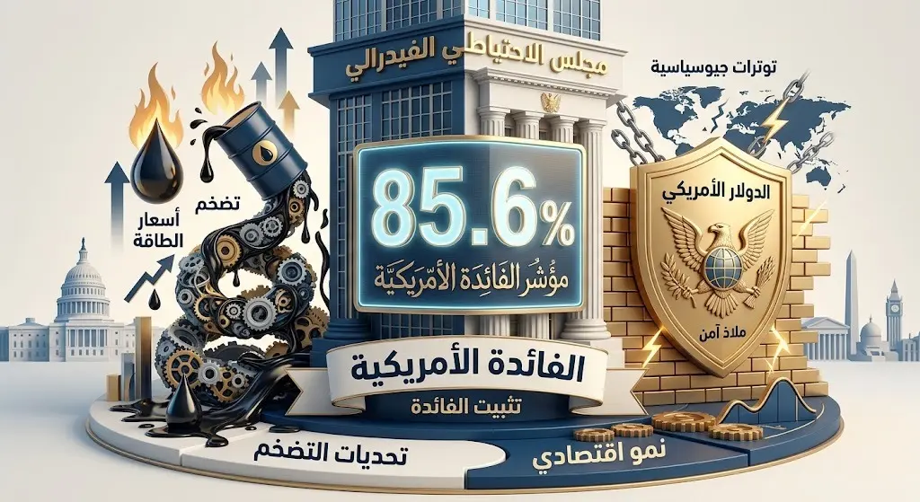 تصميم تعبيري لمبنى الاحتياطي الفيدرالي ترافقه نسبة 85.6% مع رموز تعبر عن النفط كمؤشر للتضخم والملاذات الآمنة