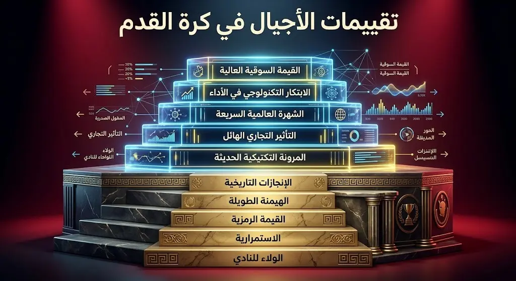 تصميم مقارنة بصرية يبرز الفجوة في القيمة السوقية بين نجوم الجيل الحالي الباهظة والتقييم الرمزي للأساطير التاريخيين