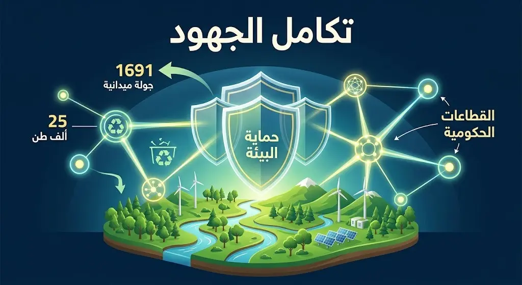 تصميم تعبيري يجسد تضافر جهود الجهات الحكومية والقطاع البيئي في السعودية، مع أرقام تبرز جهود إدارة النفايات والرقابة المشتركة.