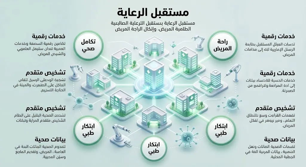 رسم تعبيري ثلاثي الأبعاد يبرز ترابط المنشآت الطبية لخدمة المريض في موقعه، مع إشارات للابتكارات الروبوتية في الرعاية الصحية.