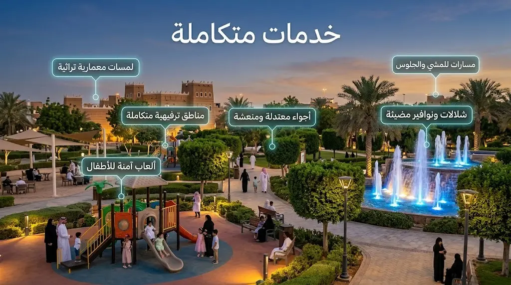 مشهد تعبيري يظهر تكامل الخدمات الترفيهية في متنزهات نجران من ألعاب أطفال ونوافير وسط الطبيعة والتراث