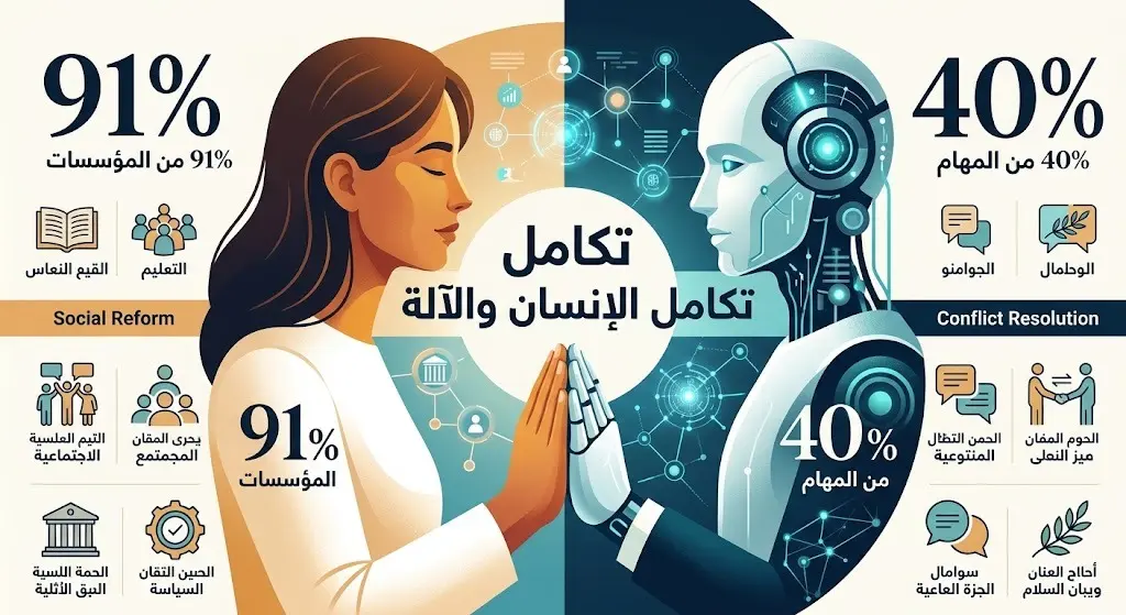 إنفوجرافيك عصري يبرز التكامل بين الذكاء الاصطناعي والقدرات البشرية في مجال الإصلاح، مع تسليط الضوء على إحصائية 91% لتبني التقنية في المؤسسات.