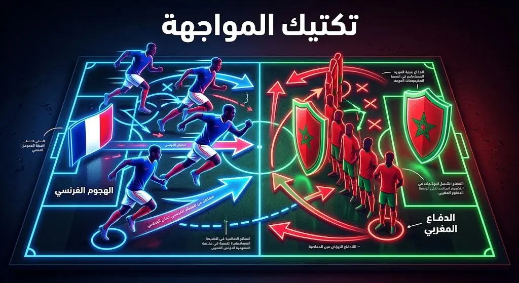 تصميم بصري يجسد الصراع التكتيكي بين الهجوم الفرنسي والدفاع المغربي المنيع على لوحة خطط حديثة.
