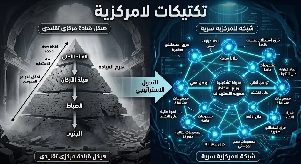 رسم توضيحي بياني يظهر الانتقال من الهيكل التنظيمي الهرمي إلى شبكة خلايا سرية متفرقة ومستقلة.