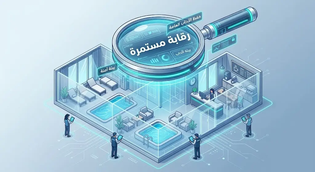 تصميم تعبيري يظهر رقابة رقمية دقيقة وتفتيشاً ميدانياً على المنشآت الخدمية