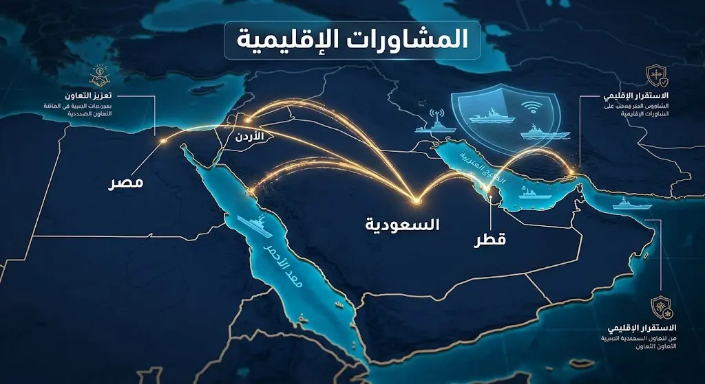 إنفوجرافيك يوضح خريطة الشرق الأوسط بخطوط مضيئة تربط بين الرياض والدوحة وعمان والقاهرة ترمز للجهود الدبلوماسية، مع نصوص عربية واضحة