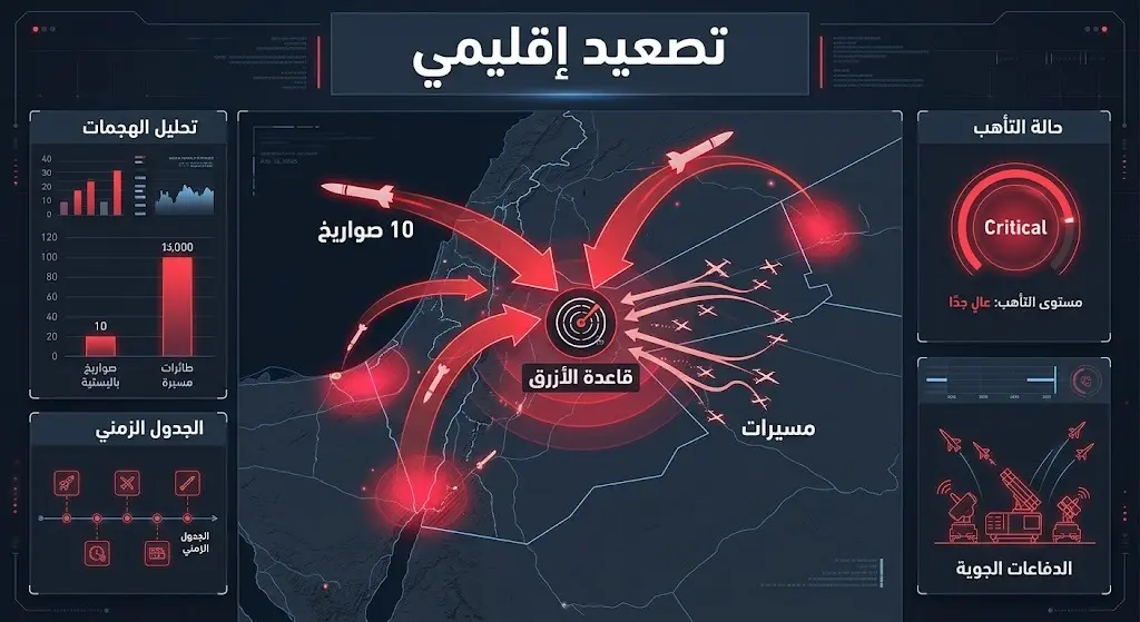إنفوجرافيك تحليلي يستعرض تصعيد الهجمات بالصواريخ والطائرات المسيرة نحو القواعد العسكرية الحيوية في المنطقة.