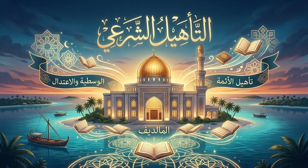 تصميم إبداعي يدمج بين المعالم الإسلامية في المالديف ورموز التعلم الشرعي، مع نصوص عربية توضح أهداف الدورة في تعزيز الوسطية وتأهيل الأئمة.