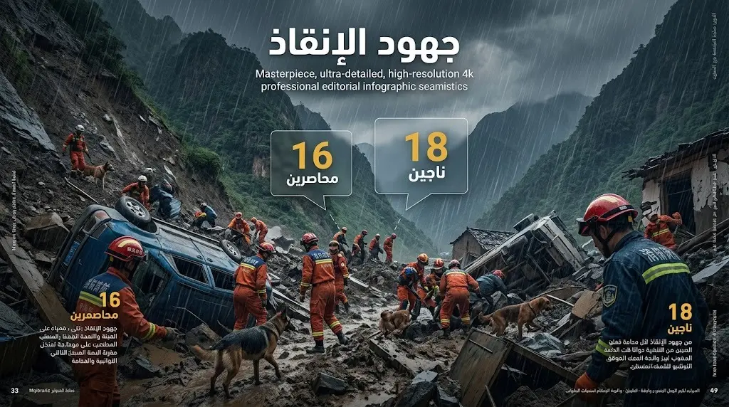 صورة تعبيرية وإنفوجرافيك يدمج بين جهود الإنقاذ في التضاريس الجبلية الوعرة وإحصائيات الناجين والمحاصرين في تانتشانغ.