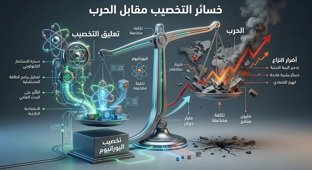 تصميم بصري يقارن التكلفة الاستراتيجية الباهظة لتعليق تخصيب اليورانيوم مقابل الخسائر المحتملة للحرب