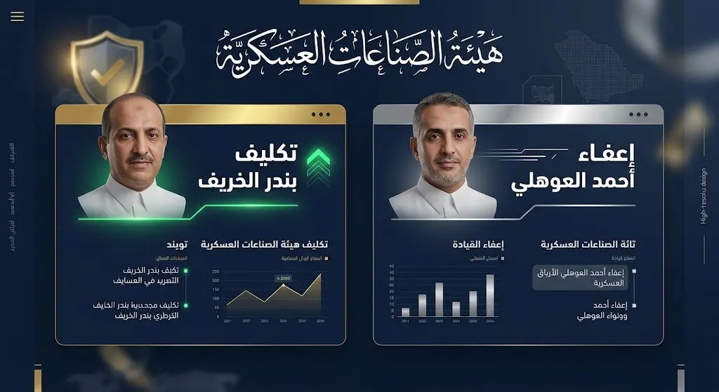 إنفوجرافيك إخباري احترافي يبرز التغييرات القيادية في الهيئة العامة للصناعات العسكرية، يوضح تكليف بندر الخريف وإعفاء أحمد العوهلي.