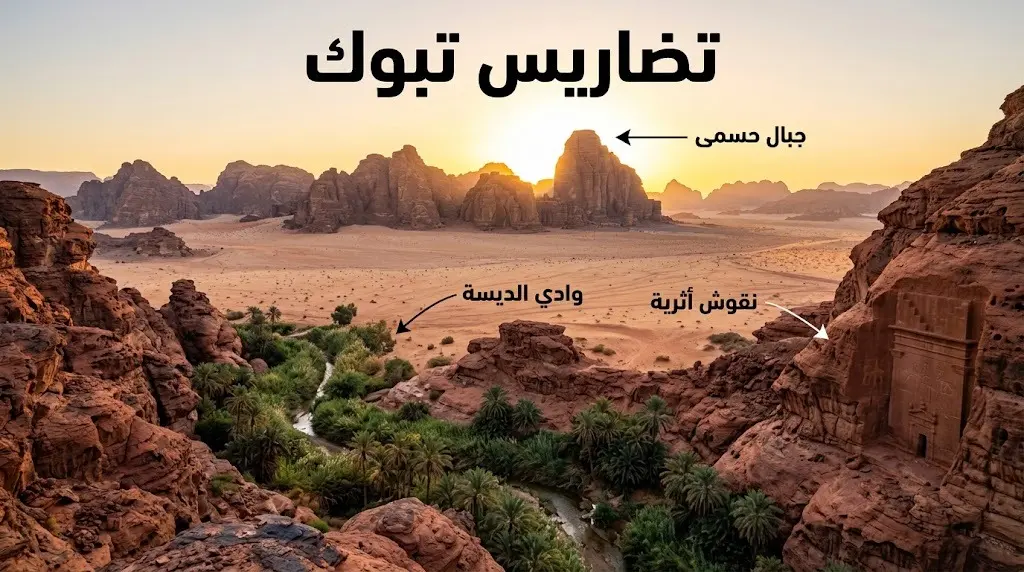 تصميم إنفوجرافيك يدمج بين الطبيعة الخلابة لتكوينات تبوك الصخرية وقت الشروق مع نصوص توضيحية تبرز معالم جبال حسمى ووادي الديسة.