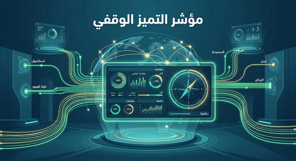 رسم تعبيري يصور مؤشر التميز الوقفي كلوحة قياس أو بوصلة عالمية فوق مجسم للكرة الأرضية، موضحاً مسارات تدفق البيانات والأداء المؤسسي.