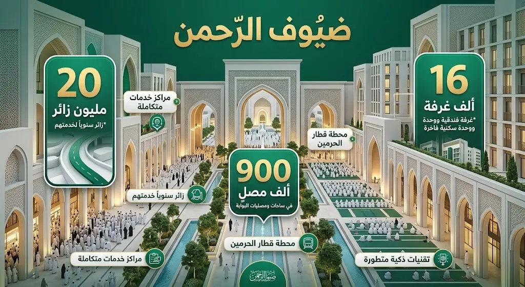 إنفوجرافيك معماري إبداعي يوضح السعة الاستيعابية الضخمة لمشروع بوابة الملك سلمان من مصلين ووحدات فندقية لخدمة الحجاج.