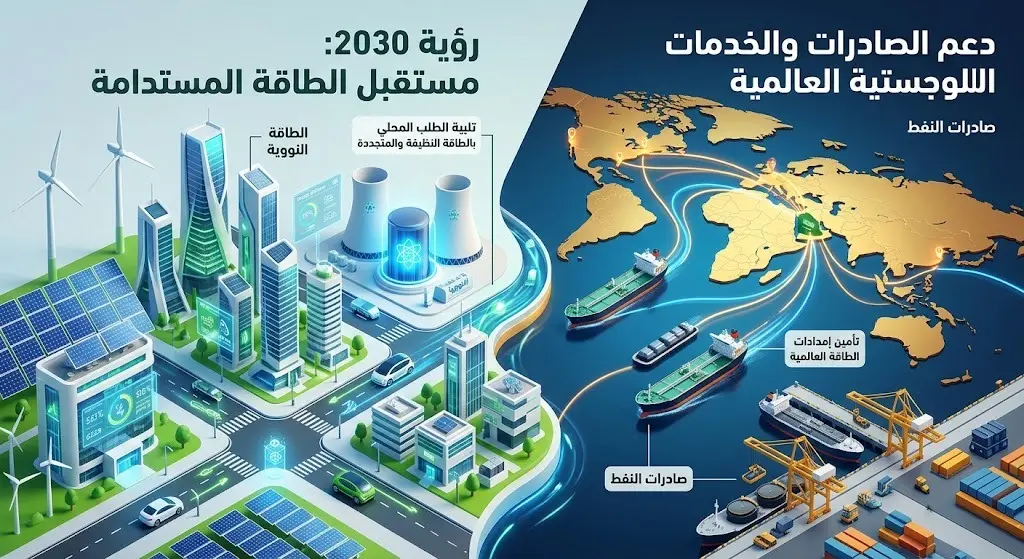 رسم تعبيري يربط بين تلبية احتياجات مشاريع رؤية 2030 من الطاقة المتجددة والنووية وزيادة القدرة على تصدير النفط للأسواق العالمية.