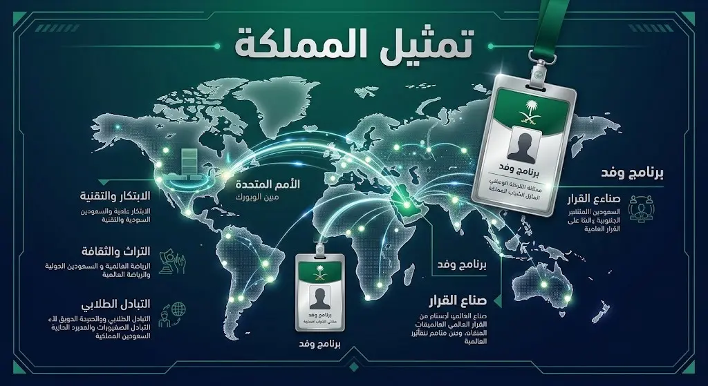 تصميم بصري يوضح تمثيل الشباب السعودي للمملكة في المحافل الدولية والأمم المتحدة من خلال برنامج وفد.