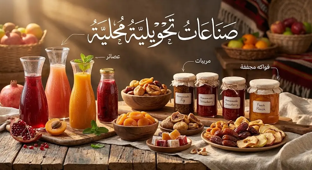 صورة فنية تعرض منتجات الأسر المنتجة من الصناعات التحويلية الزراعية في العلا كالمربيات والعصائر والفواكه المجففة.