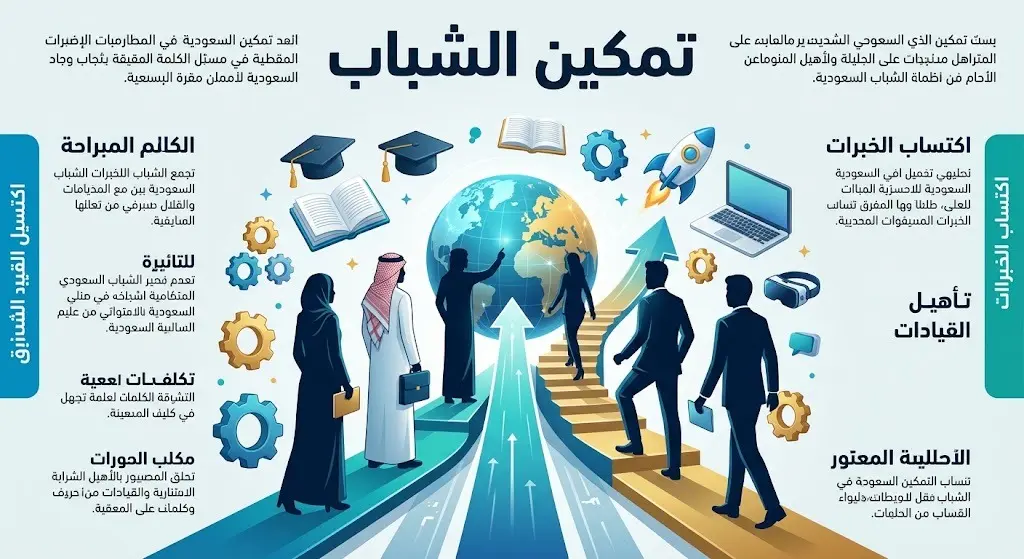 تصميم إنفوجرافيك إبداعي يعبر عن تمكين الشباب السعودي واكتسابهم للخبرات وتأهيلهم للقيادة عبر برامج مؤسسة مسك.