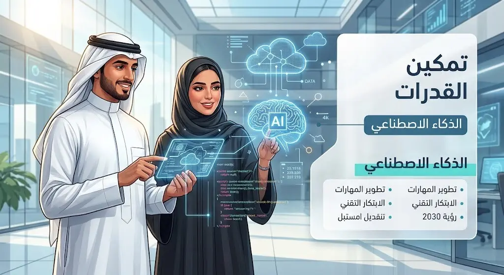 مشهد تعبيري لشاب وفتاة سعوديين بزي احترافي يتفاعلون مع تقنيات الذكاء الاصطناعي، تعبيراً عن تمكين الكوادر الوطنية.