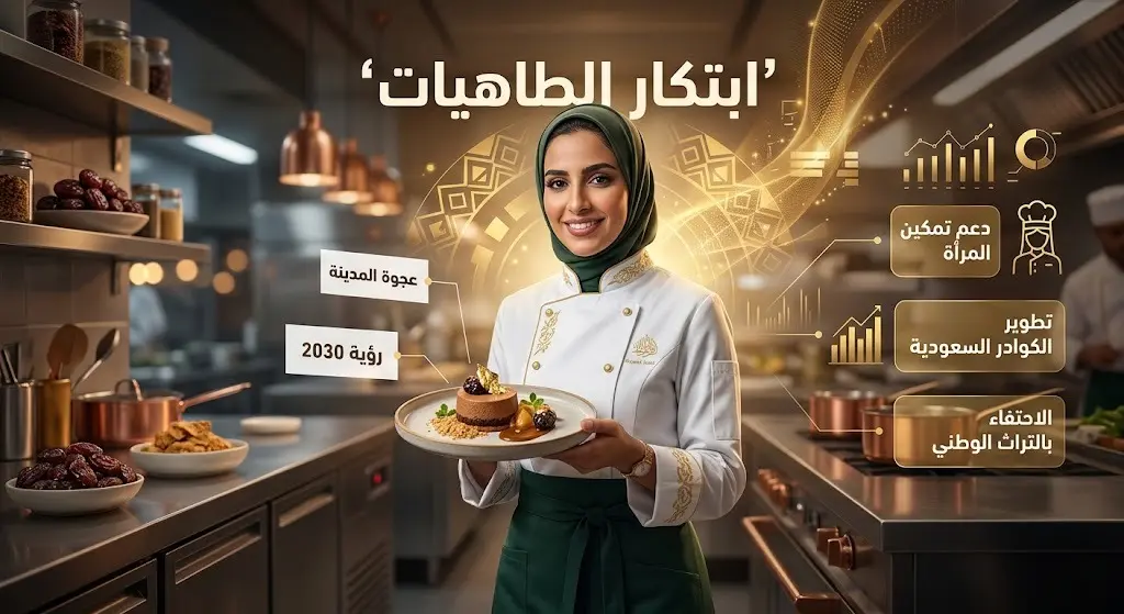 تصميم إبداعي يظهر طاهية سعودية تبتكر أطباقاً عصرية باستخدام تمور العجوة، محاطة بنصوص توضيحية لجهود تمكين المرأة ورؤية 2030.