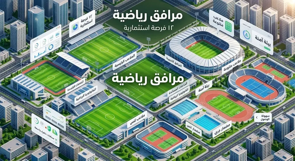 تصميم بياني ثلاثي الأبعاد يبرز التوسع في المرافق الرياضية وتنوع الملاعب والفرص الاستثمارية.