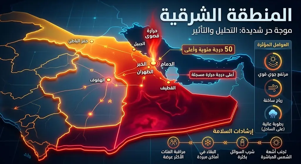 إنفوجرافيك حراري يوضح تأثر مدن ومحافظات المنطقة الشرقية بموجة حر شديدة تبلغ 50 درجة مئوية.
