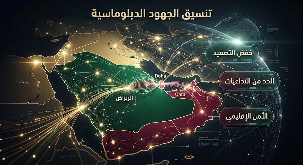 تصميم تعبيري يبرز التعاون الدبلوماسي السعودي القطري لخفض التصعيد الإقليمي