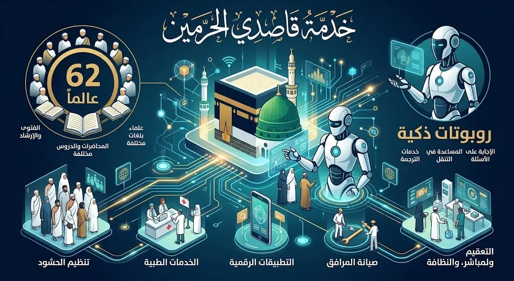 إنفوجرافيك عصري يدمج بين الروحانية والتقنية، يوضح تفعيل الروبوتات الذكية ومشاركة 62 عالماً لخدمة زوار الحرمين الشريفين.