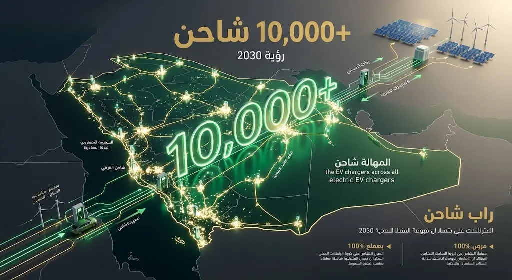 تصميم بصري إبداعي يبرز إنجاز تجاوز 10 آلاف شاحن كهربائي دعماً لمستهدفات رؤية السعودية 2030 في قطاع النقل النظيف.