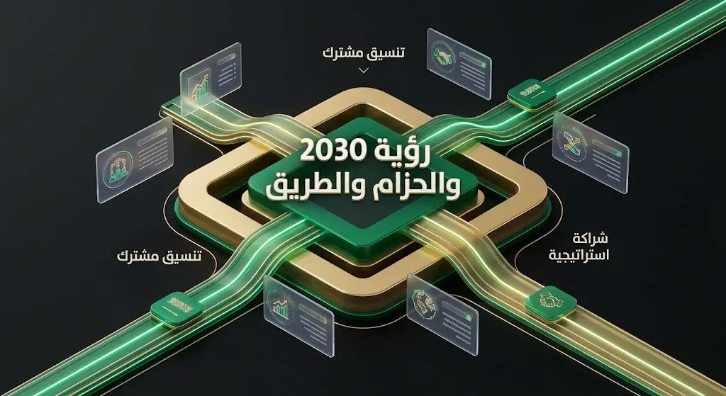 إنفوجرافيك احترافي يعبر عن مواءمة رؤية السعودية 2030 ومبادرة الحزام والطريق الصينية باستخدام أشكال هندسية متداخلة ومسارات مضيئة مع نصوص عربية دقيقة.