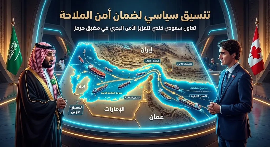 تصميم تعبيري يدمج بين الدبلوماسية وخريطة ثلاثية الأبعاد لمضيق هرمز يعكس التنسيق السياسي لضمان أمن الملاحة
