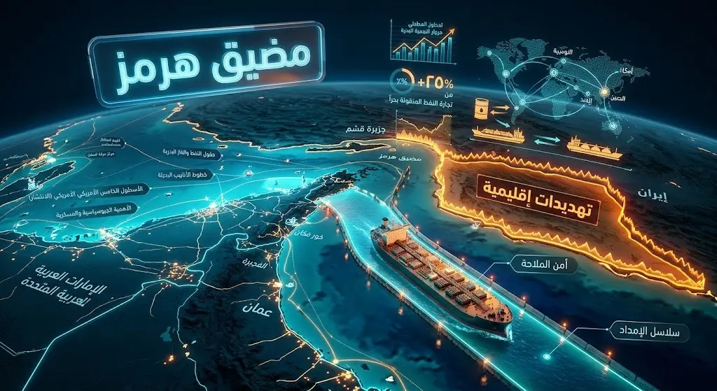 تصميم ثلاثي الأبعاد يبرز أهمية أمن مضيق هرمز وحركة ناقلات النفط في ظل التوترات الإقليمية.
